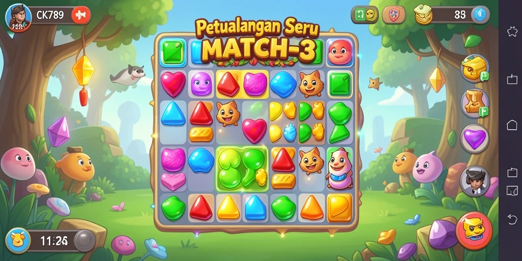 Screenshot CK789 menunjukkan gameplay Match-3 yang seru dan penuh warna.