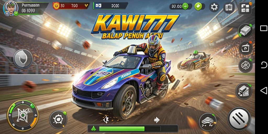 Tangkapan layar gameplay KAWI777 menampilkan balapan mendebarkan di trek yang beragam.