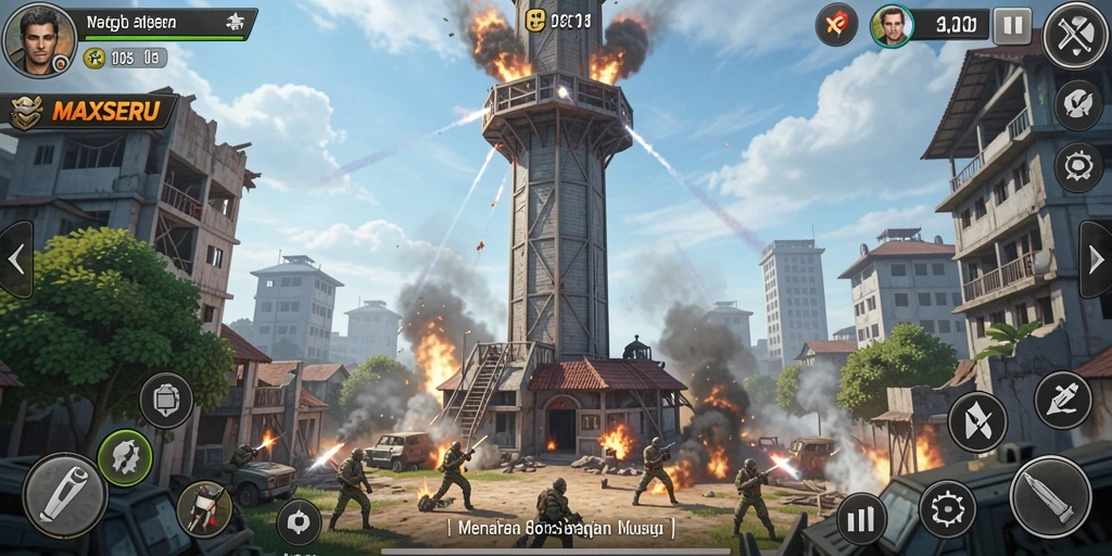 Gameplay menegangkan di <strong>MAXSERU</strong> dengan menara yang siap menghancurkan musuh.