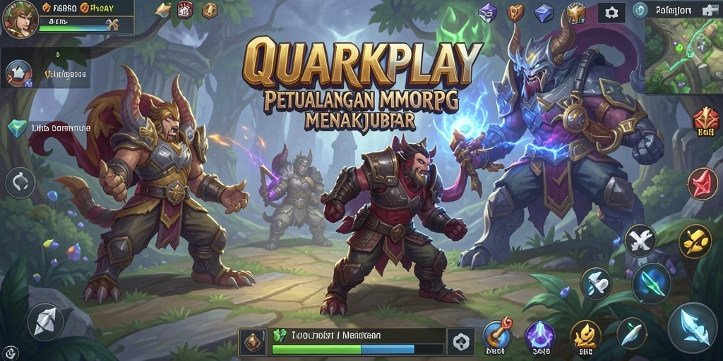 Tampilan epic dari gameplay MMORPG QUARKPLAY dengan pertarungan seru.