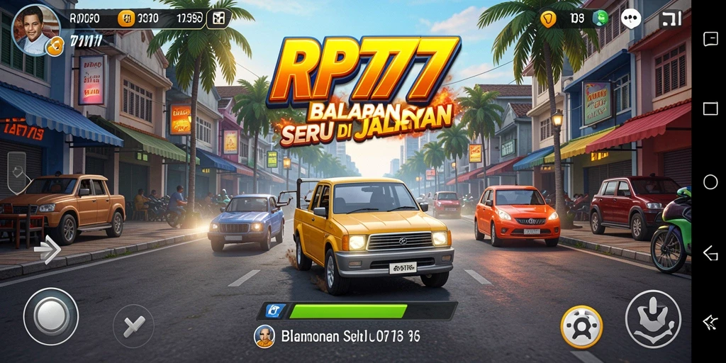 Screenshot gameplay RP777 yang menampilkan aksi balapan mendebarkan.