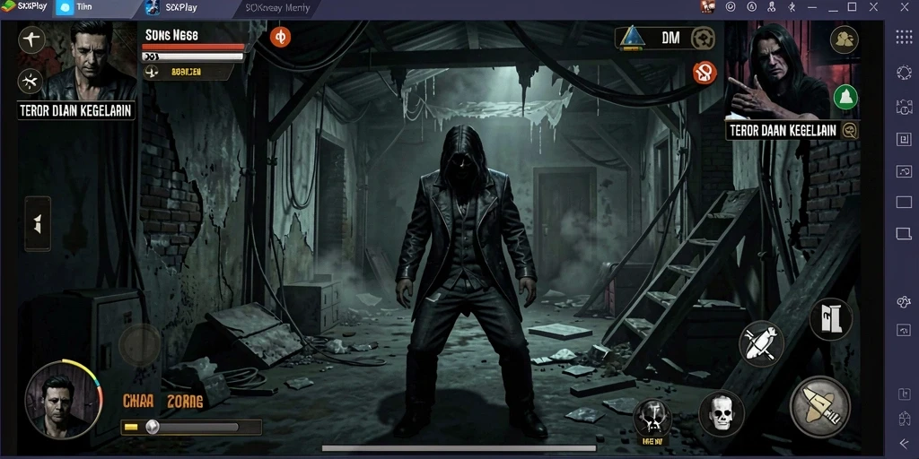 Screenshot utama SXXPLAY menunjukkan suasana menyeramkan di dalam game.