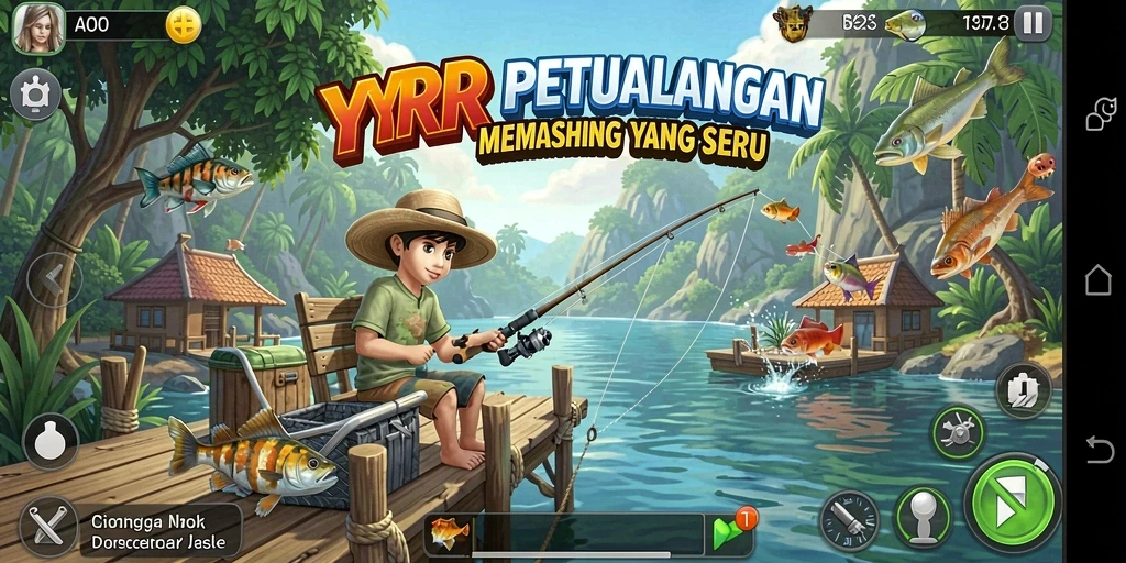 Screenshot gameplay <strong>YYRR</strong> menunjukkan momen memancing yang mendebarkan.