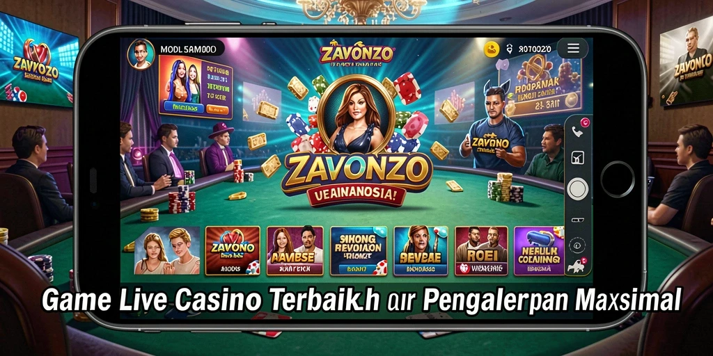 Tampilan gameplay ZAVONZO dengan dealer langsung dan suasana kasino yang nyata.